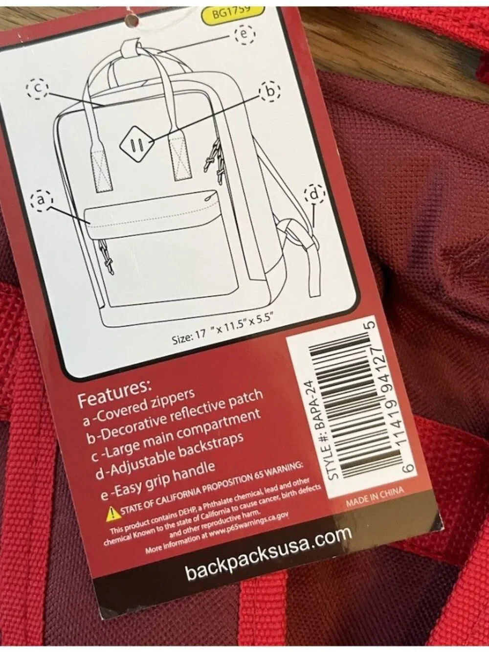Large Maroon Moda West Backpack Hiking School Bag Lightweight 18 in NWT